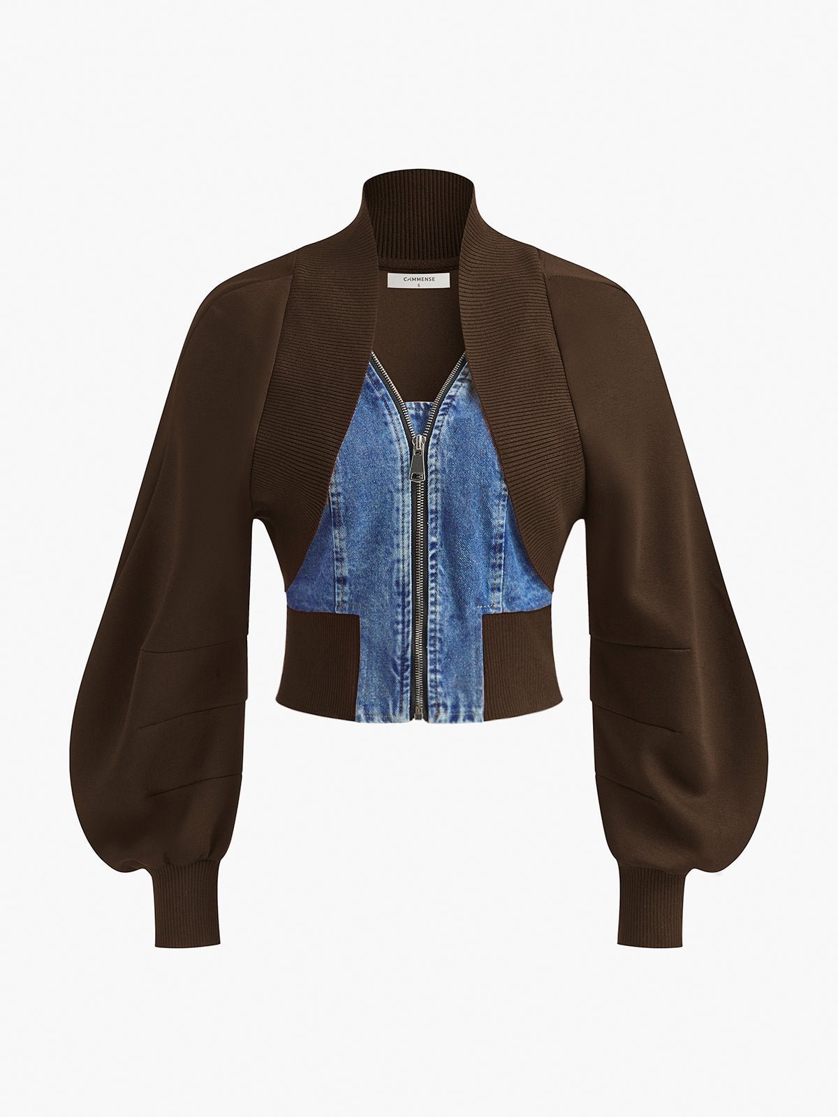 Puff-Sleeve Denim Panel Slim Jacket Puff-Sleeve Denim Panel Slim Jacket