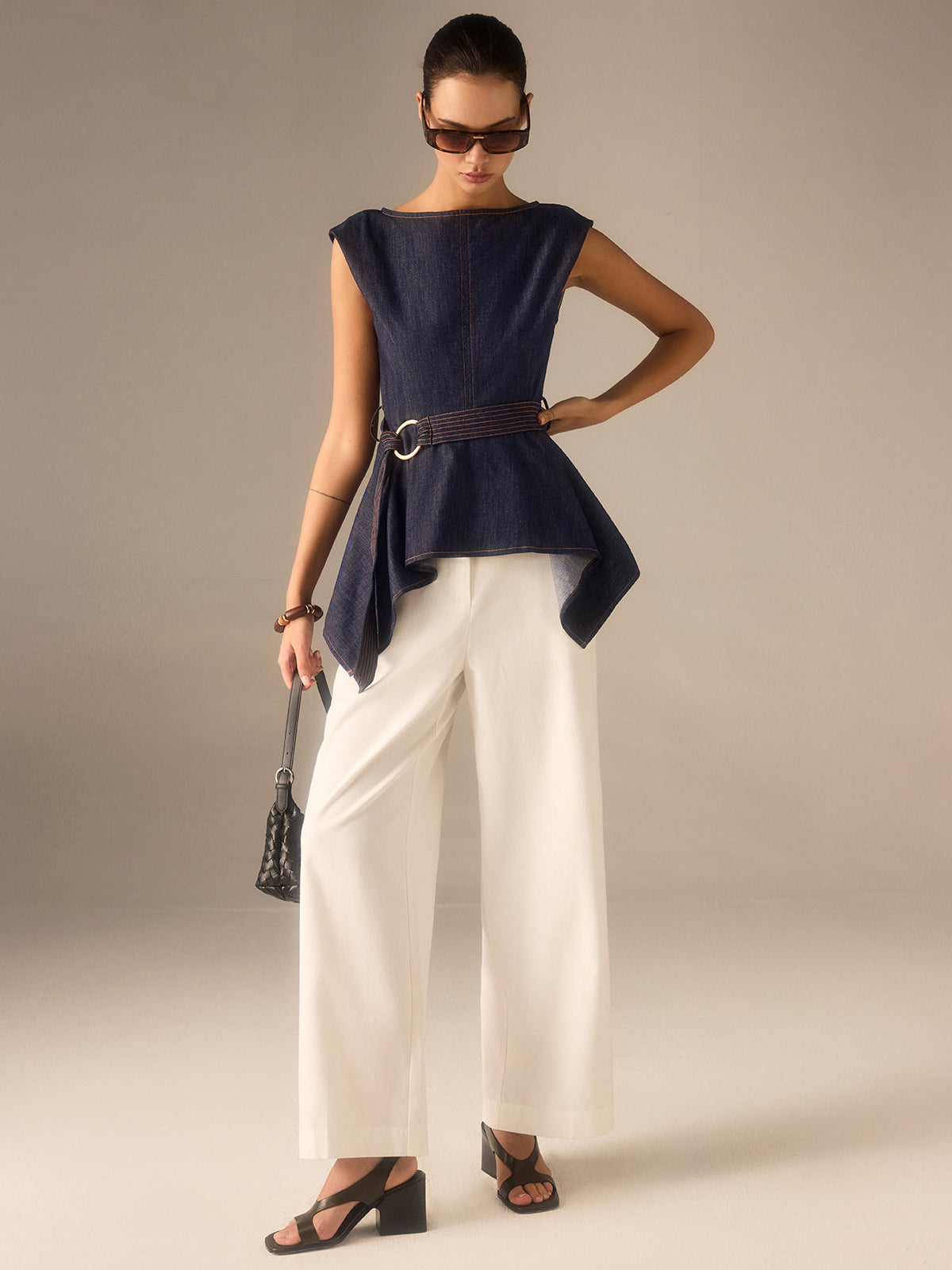 Denim Peplum Belted Top with Asymmetric Hem Denim Peplum Belted Top with Asymmetric Hem