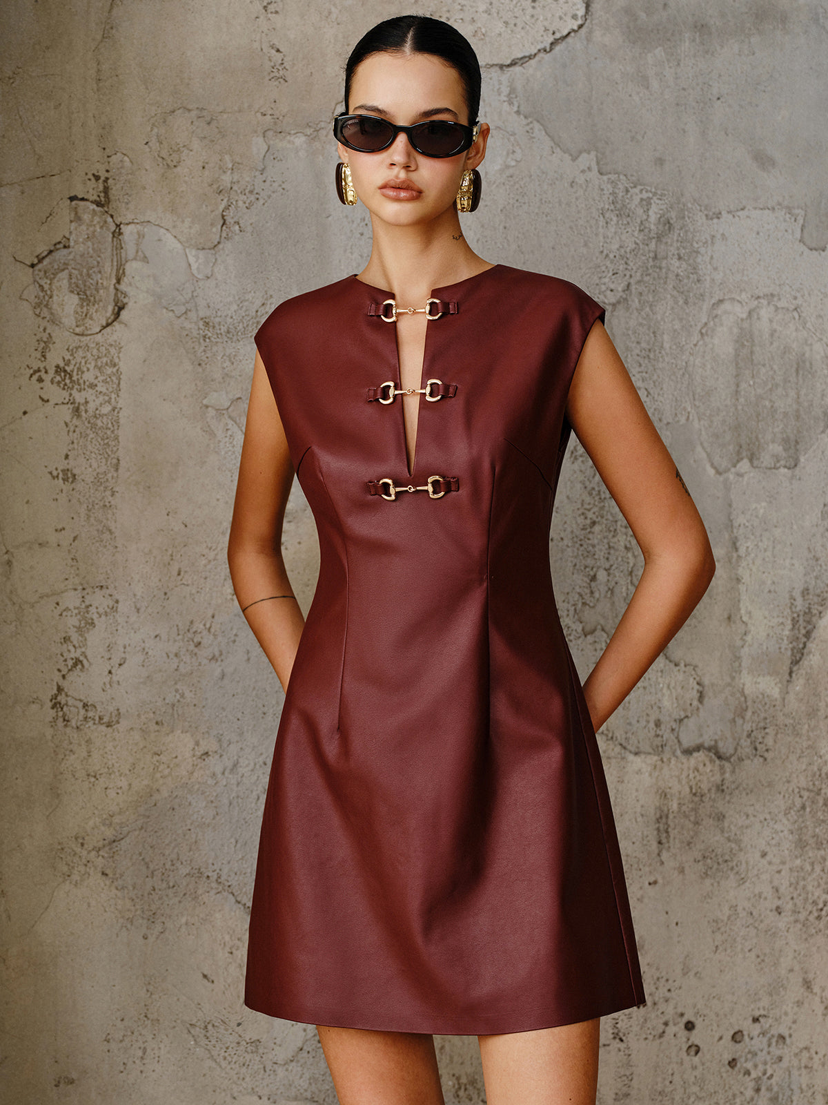 PU Leather Metal Buckle Sleeveless Mini Dress PU Leather Metal Buckle Sleeveless Mini Dress