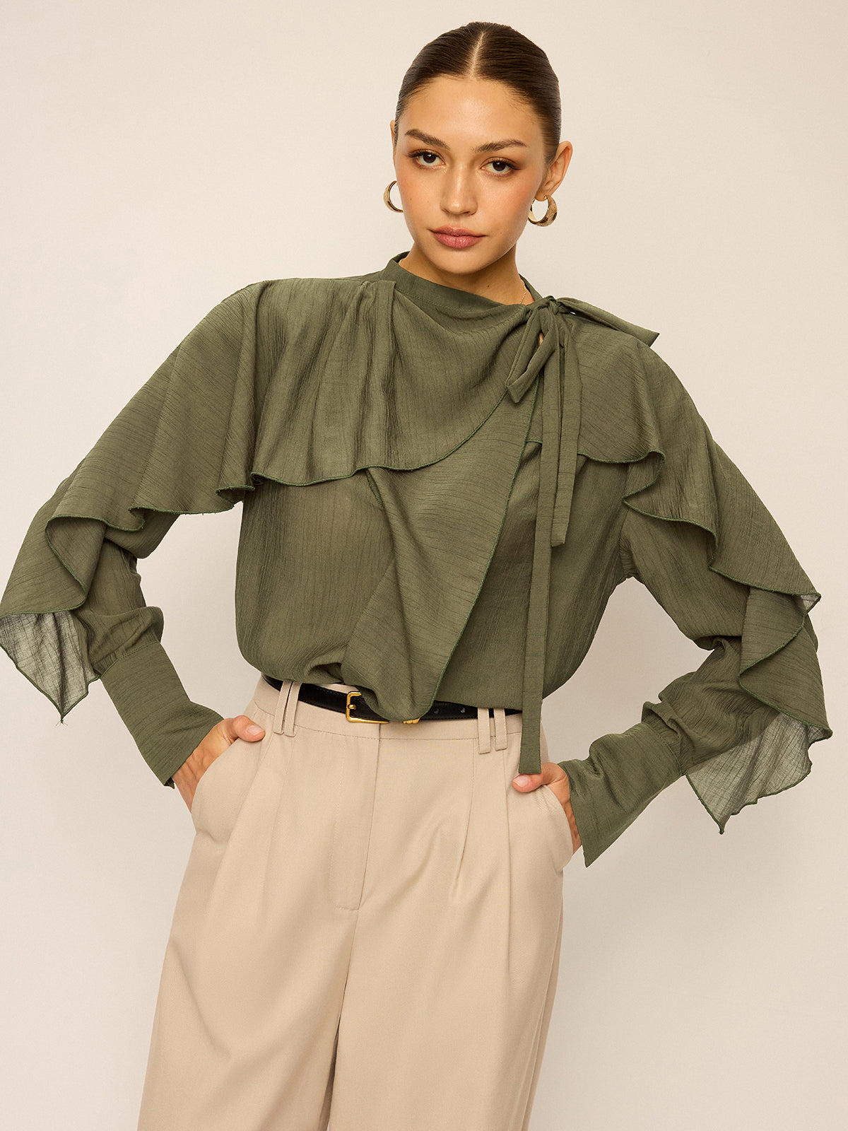 Neckline Tie Ruffled Blouse Neckline Tie Ruffled Blouse