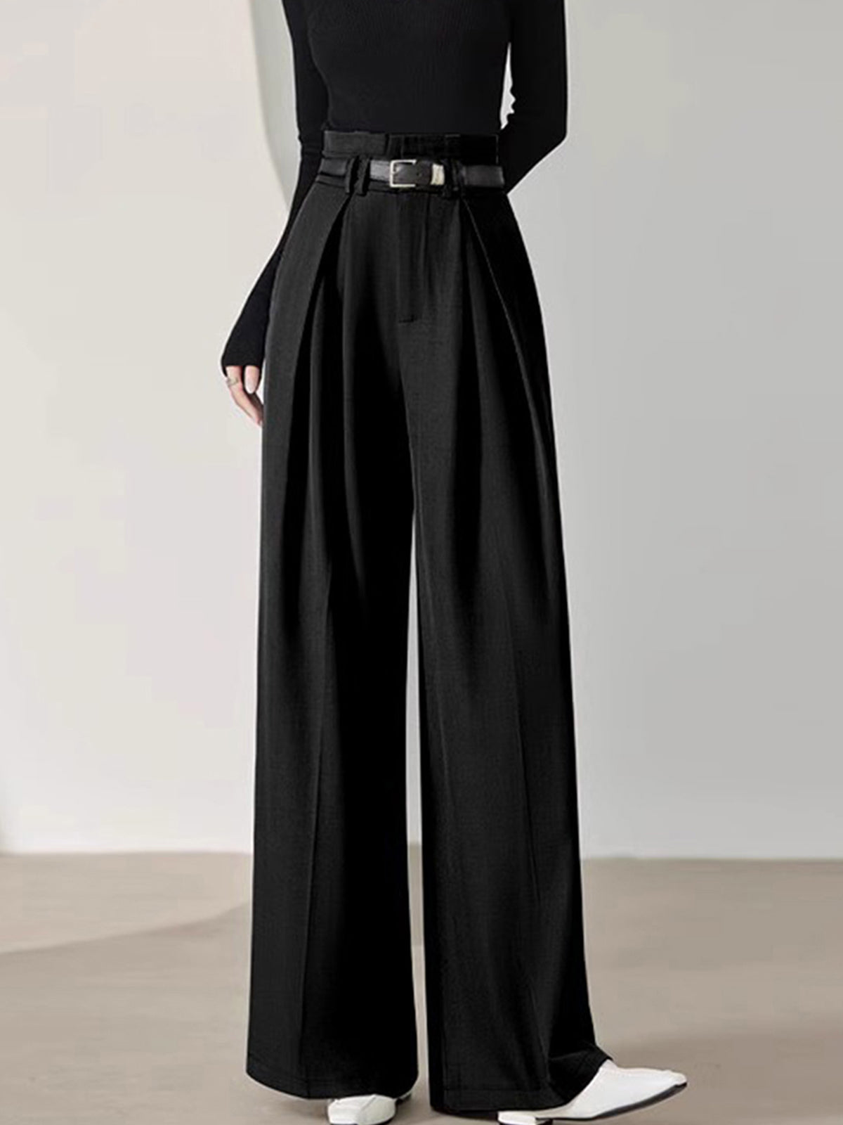 Solid Belted Pleated Wide Leg Pants Solid Belted Pleated Wide Leg Pants