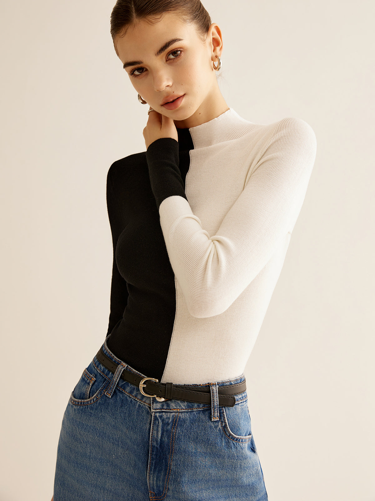 Wool-Blend Two Tone Skinny Knit Top Wool-Blend Two Tone Skinny Knit Top