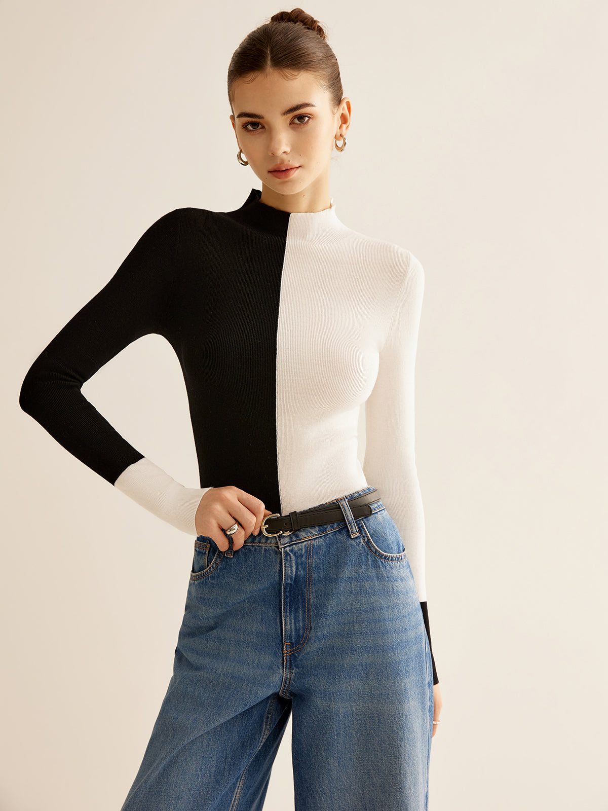 Wool-Blend Two Tone Skinny Knit Top Wool-Blend Two Tone Skinny Knit Top