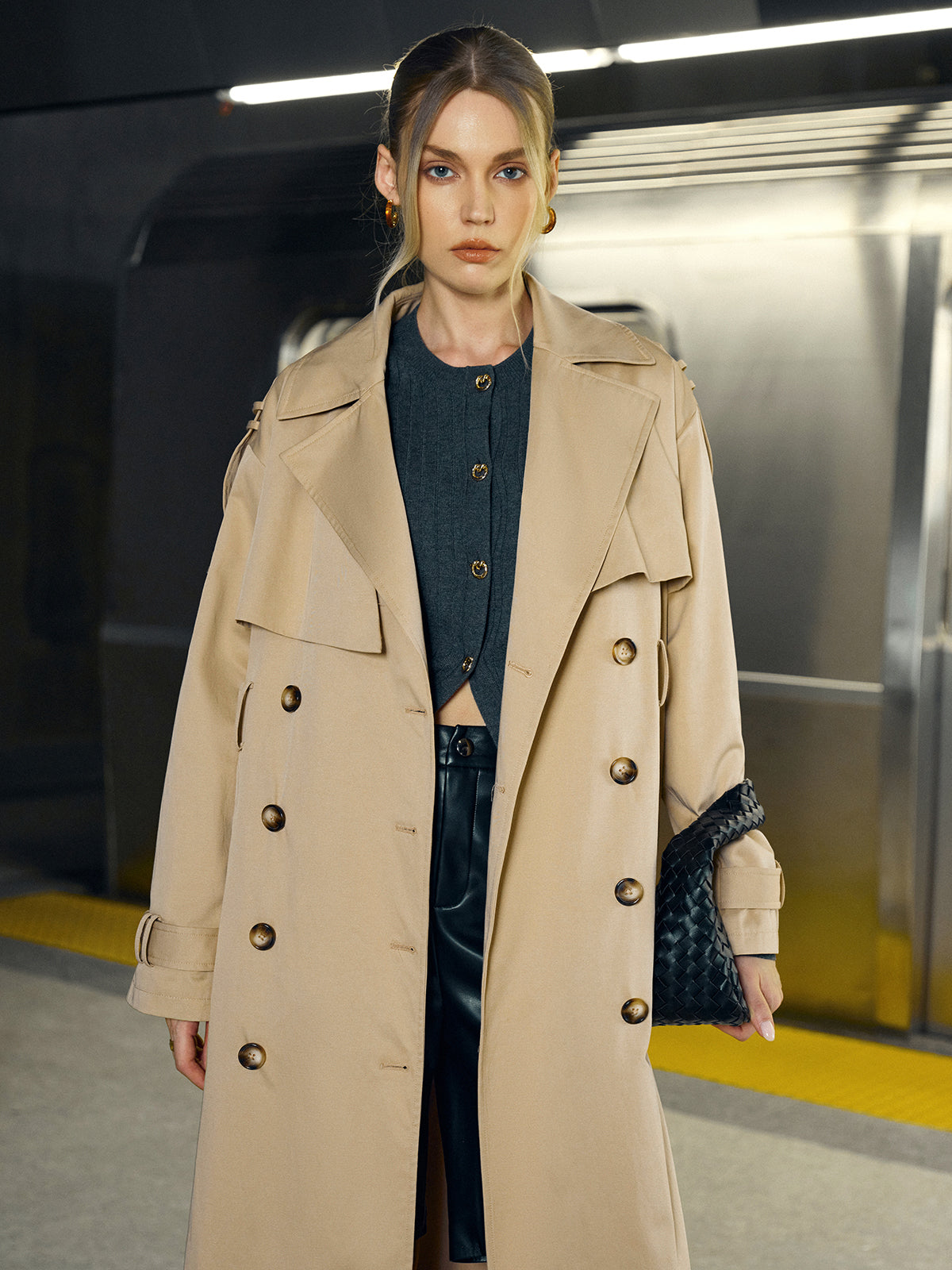 Cotton-Blend Double-Breasted Belted Long Trench Coat Cotton-Blend Double-Breasted Belted Long Trench Coat
