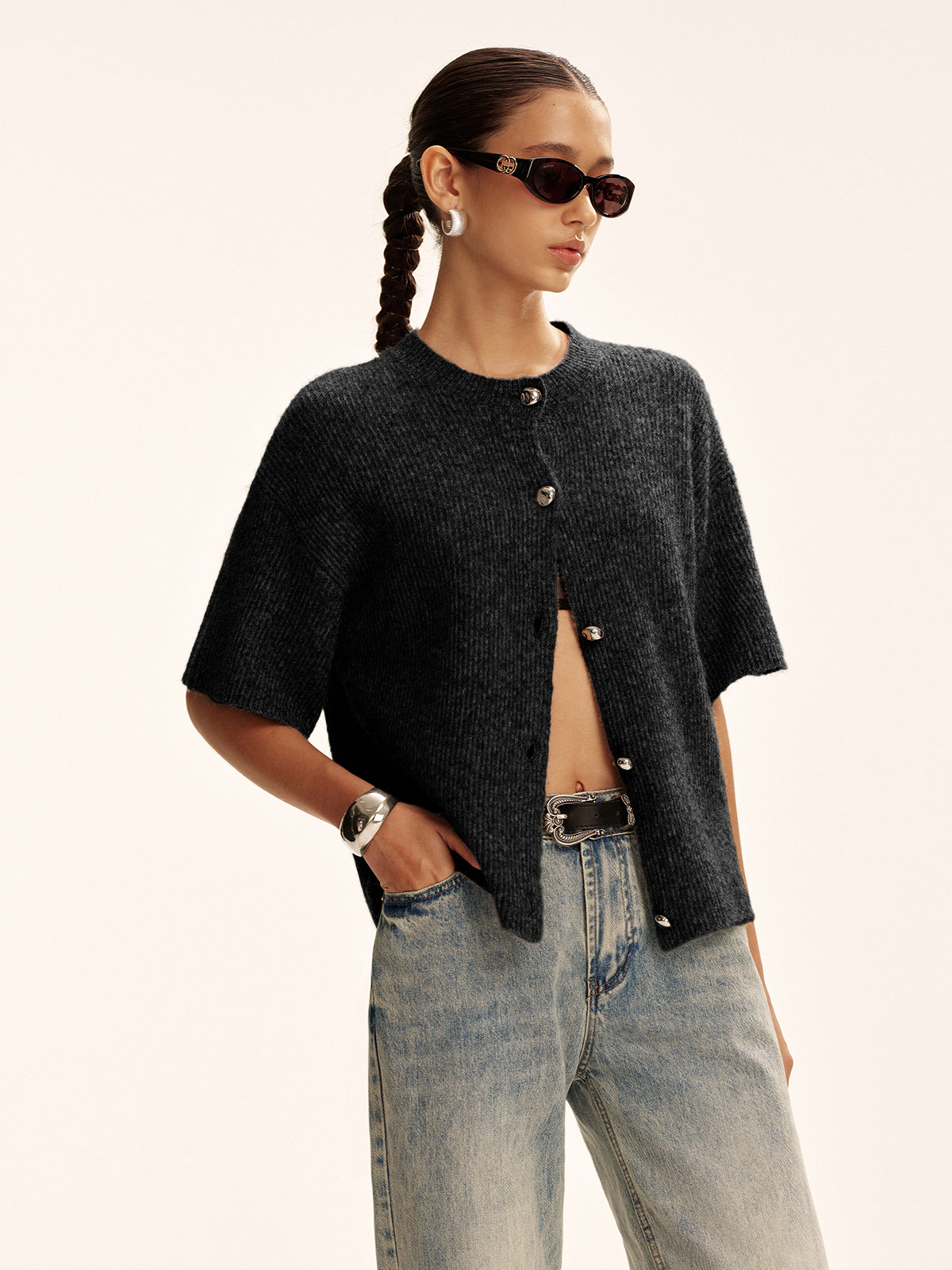 Wool-Blend Short-Sleeved Cardigan Wool-Blend Short-Sleeved Cardigan