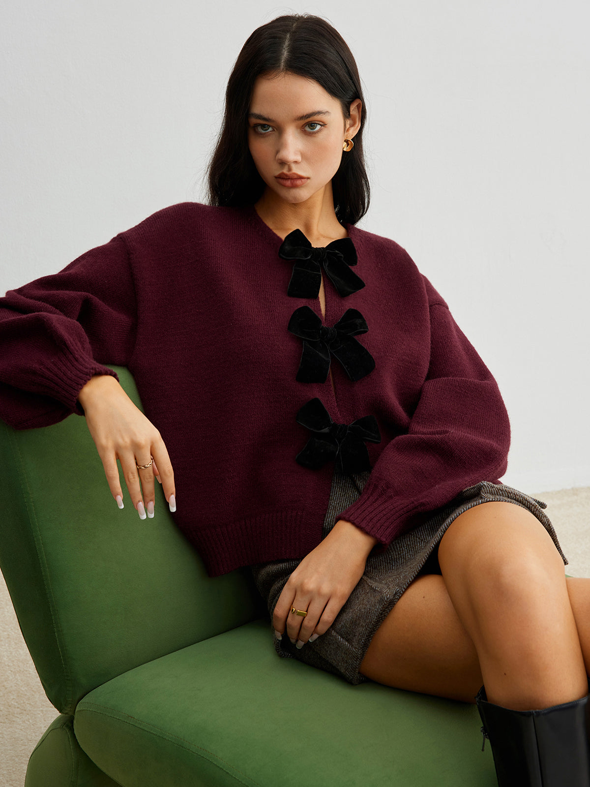 Velvet-Bow Lantern Sleeve Sweater Velvet-Bow Lantern Sleeve Sweater