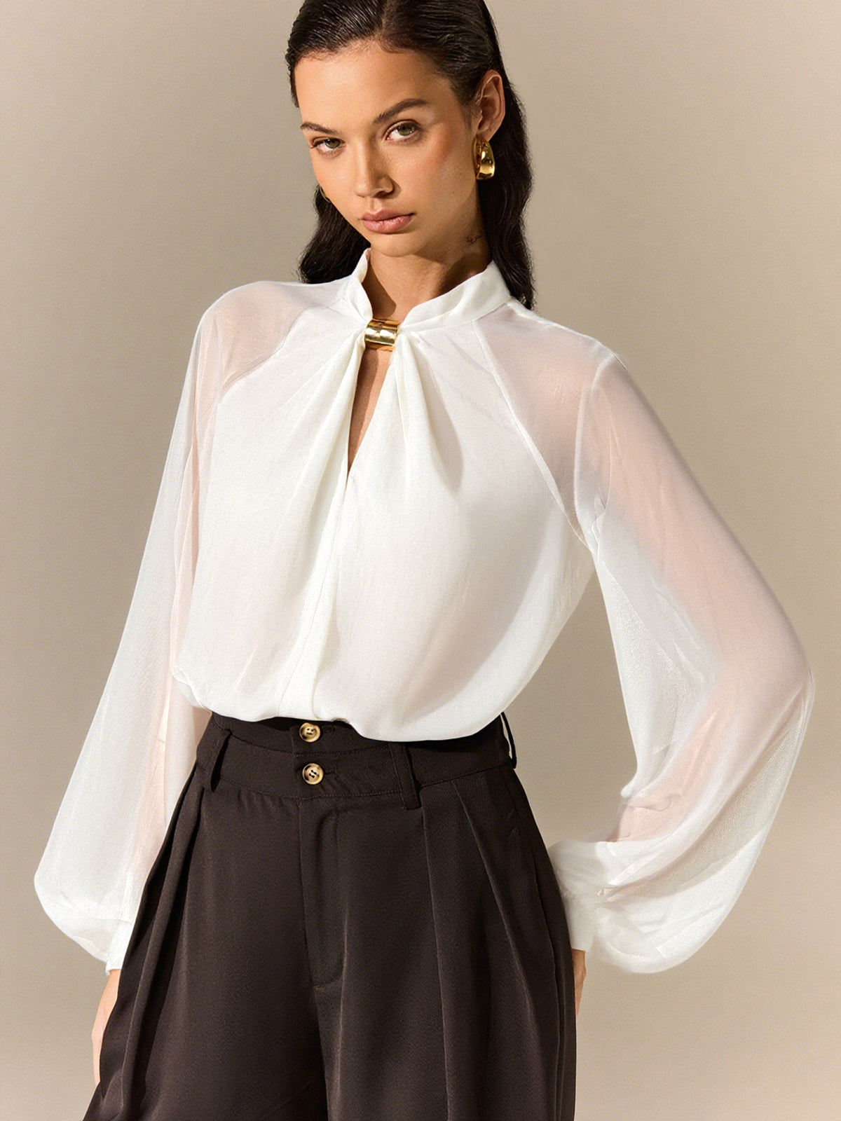 Semi-Sheer Chiffon Blouse with Neckline Metal Detail Semi-Sheer Chiffon Blouse with Neckline Metal Detail