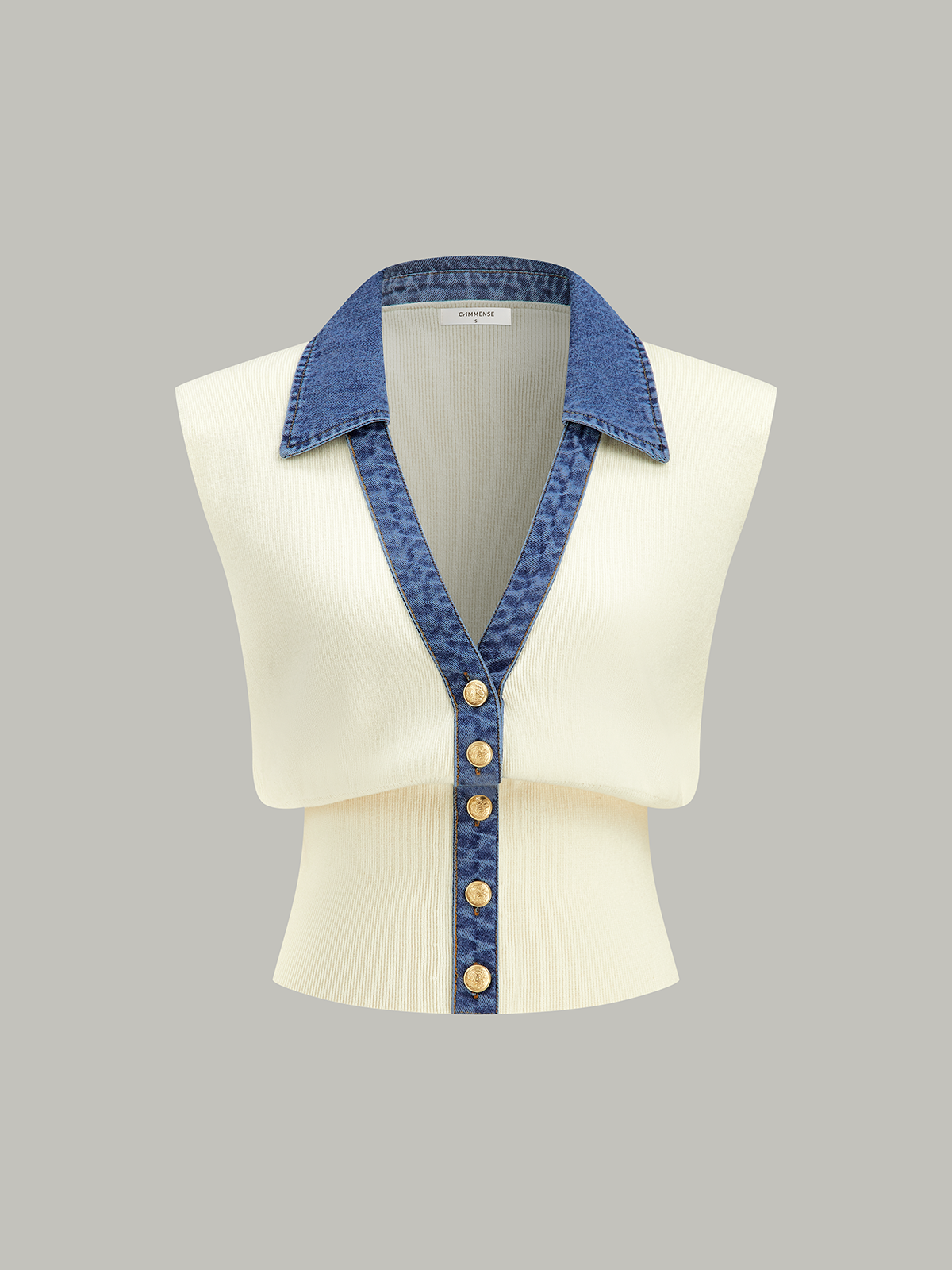 Denim Trim Metal Button Knit Vest Denim Trim Metal Button Knit Vest