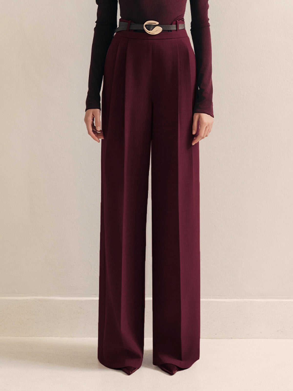 Metal-Belt Pleated High-Waist Pants Metal-Belt Pleated High-Waist Pants