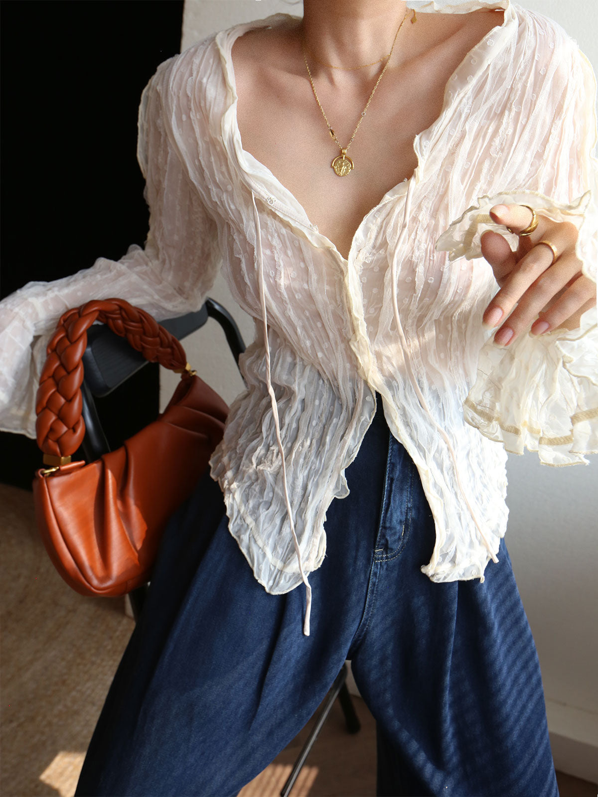 Chiffon Sheer Lettuce Trim Long Sleeve Blouse Chiffon Sheer Lettuce Trim Long Sleeve Blouse