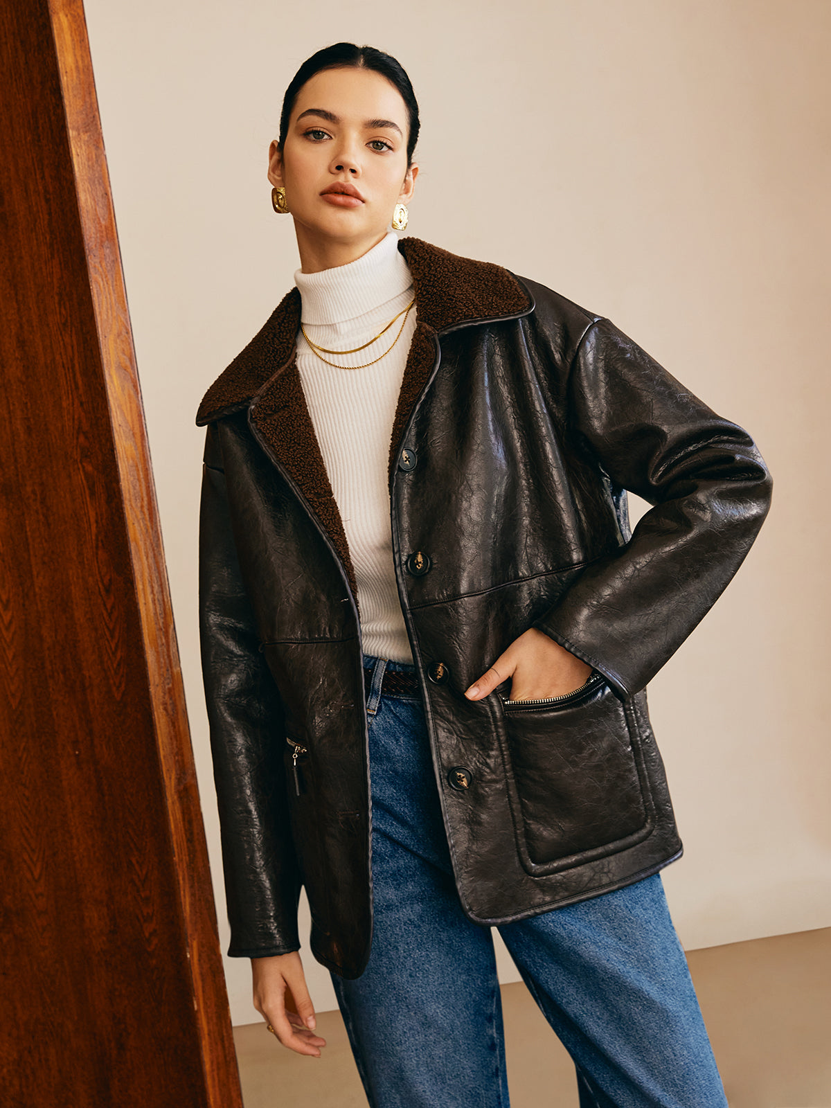 Double-Sided Faux Leather Fleece Jacket Double-Sided Faux Leather Fleece Jacket