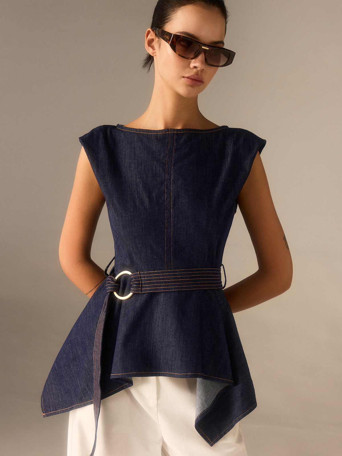 Denim Peplum Belted Top with Asymmetric Hem Denim Peplum Belted Top with Asymmetric Hem