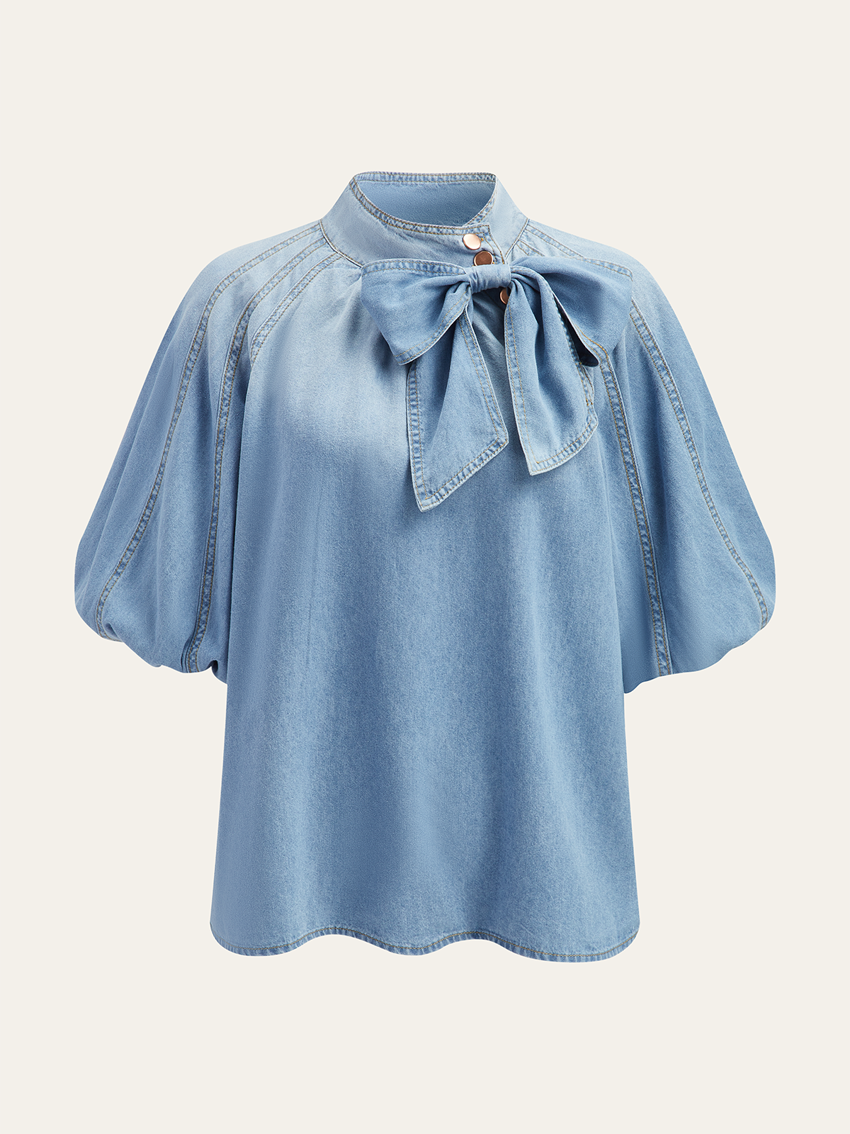 Denim Puff-Sleeve Top With Bow Detail Denim Puff-Sleeve Top With Bow Detail