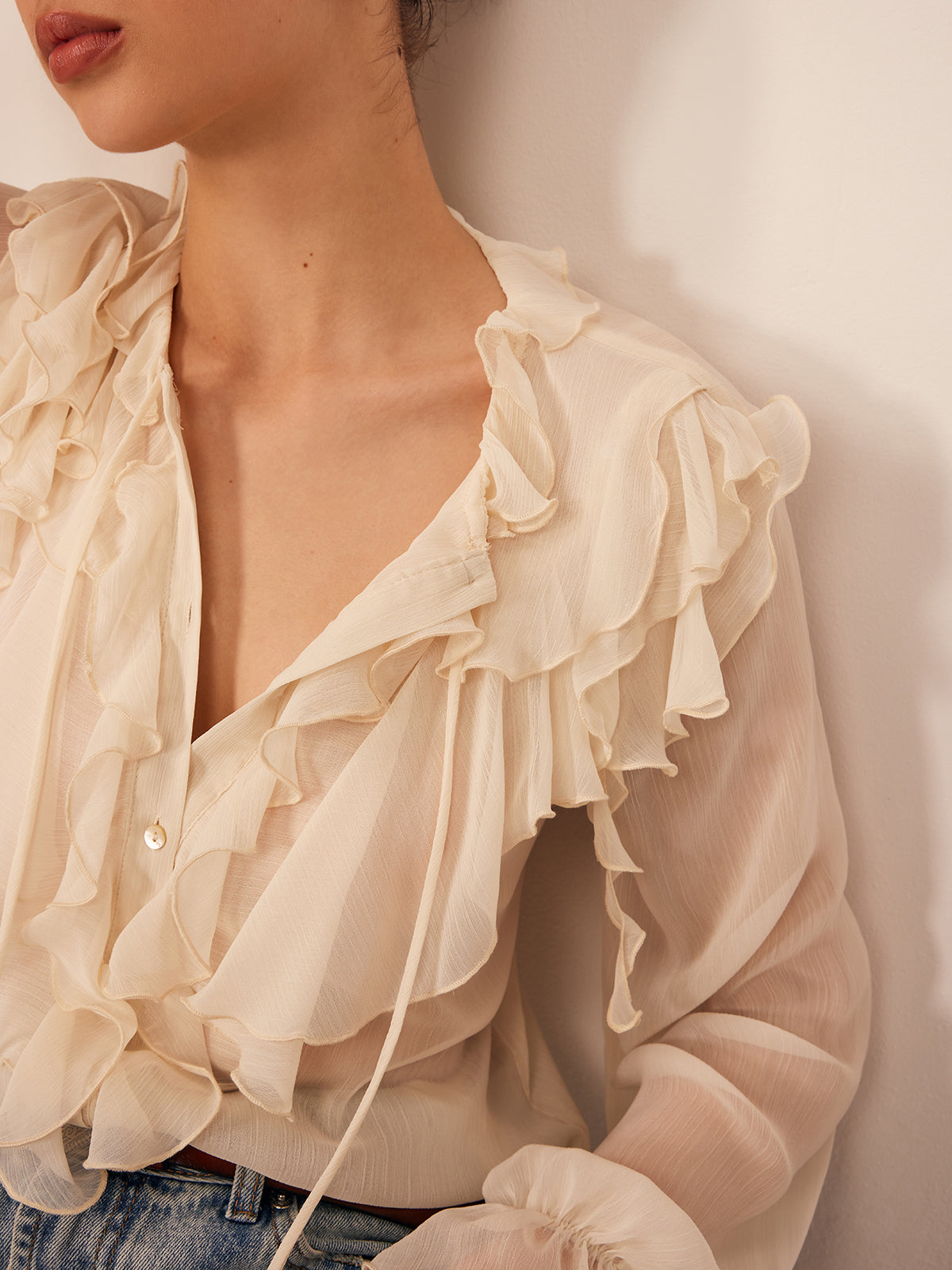 Semi-Sheer Ruffle Chiffon Breasted Blouse Semi-Sheer Ruffle Chiffon Breasted Blouse