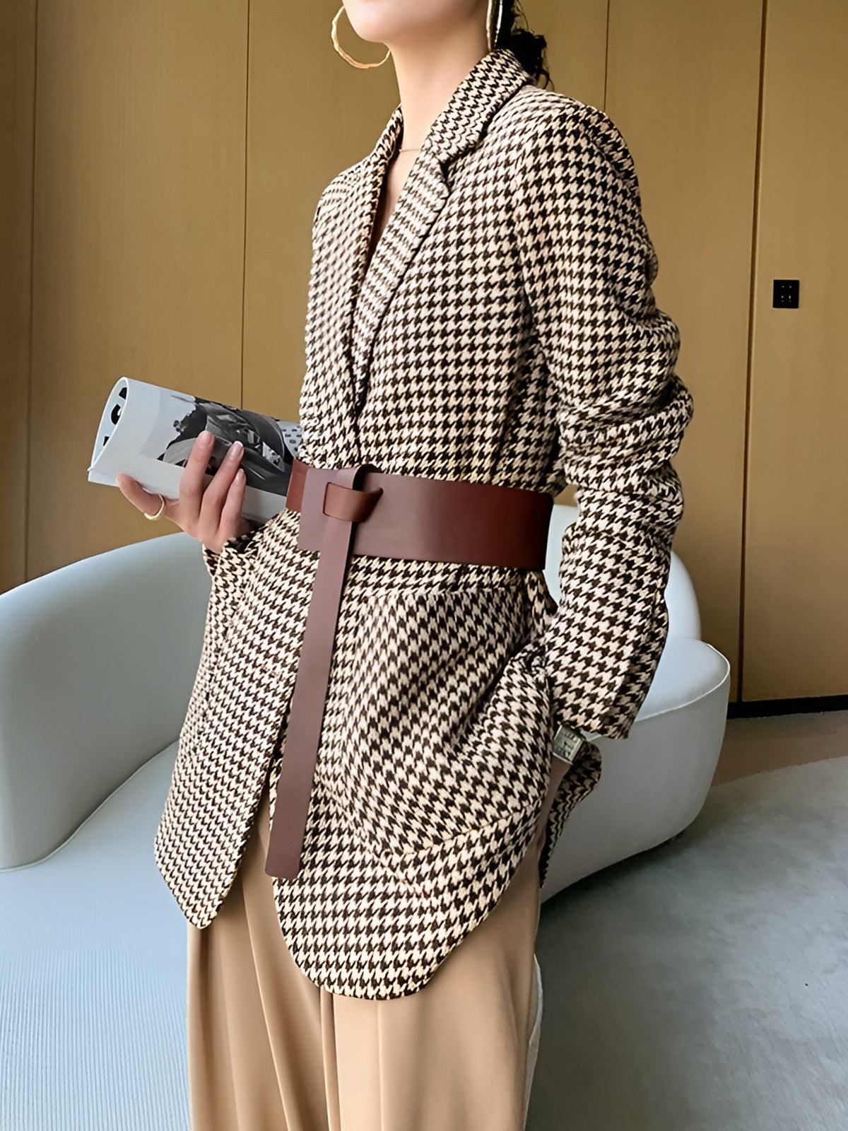 Houndstooth Split Blazer With Belt Houndstooth Split Blazer With Belt