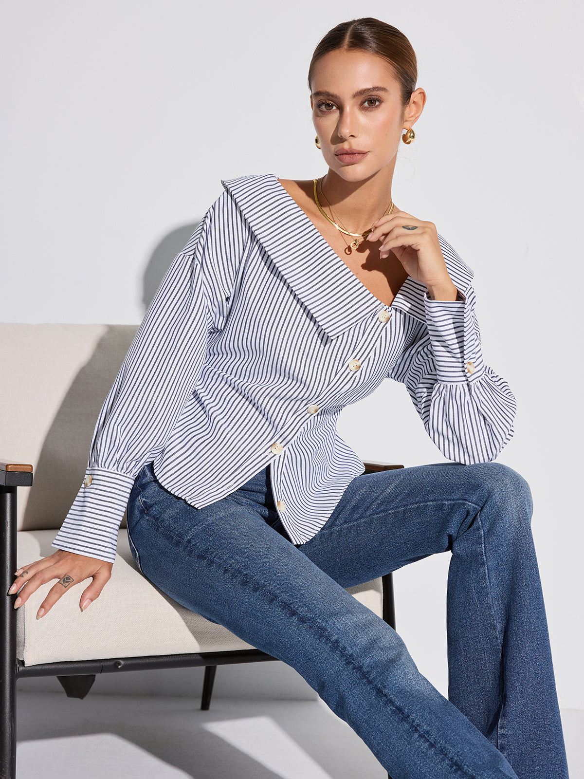 Striped Asymmetrical Placket Button Shirt Striped Asymmetrical Placket Button Shirt