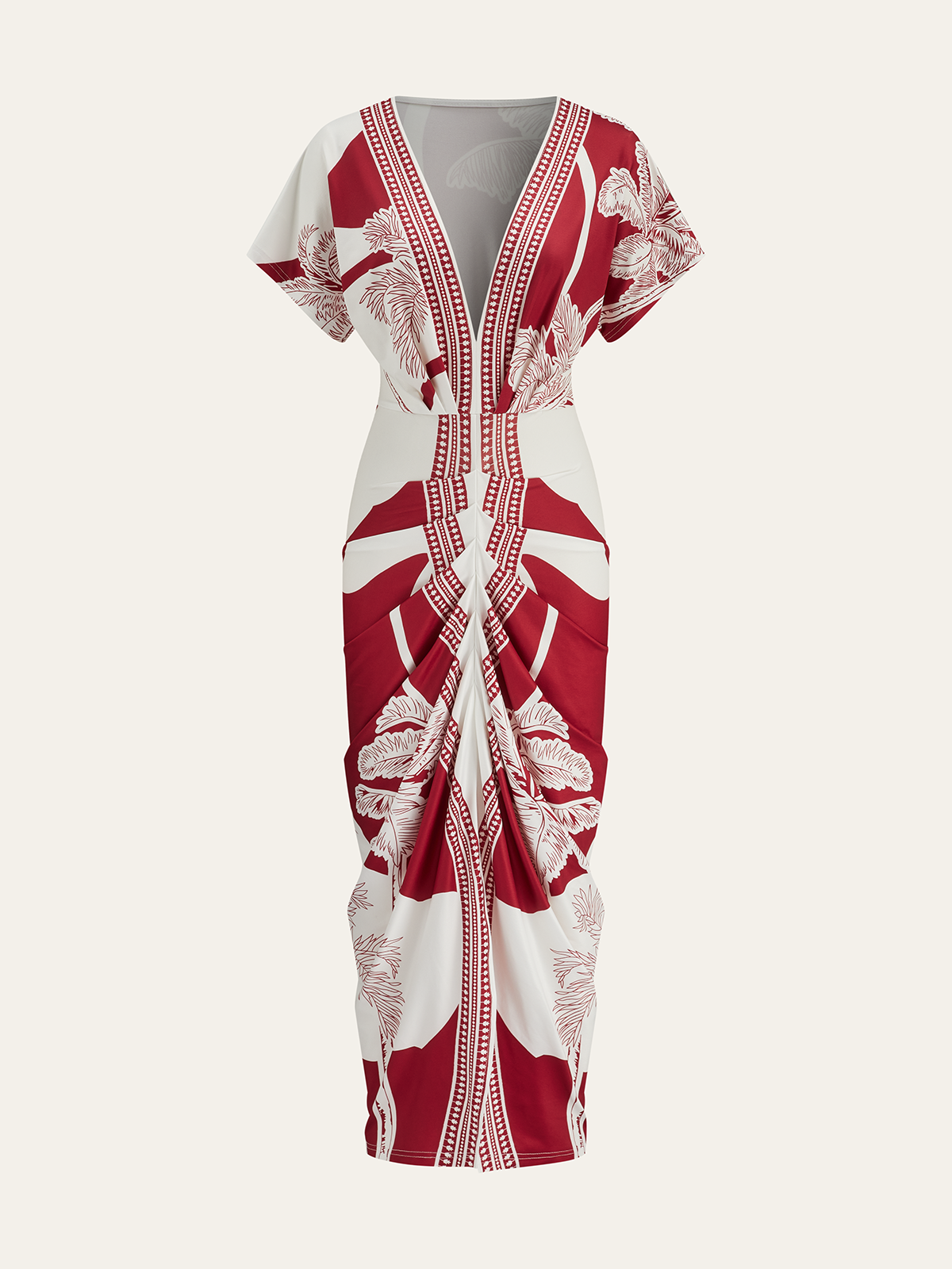Printed Deep V-Neck Midi Dress Without Belt Printed Deep V-Neck Midi Dress Without Belt