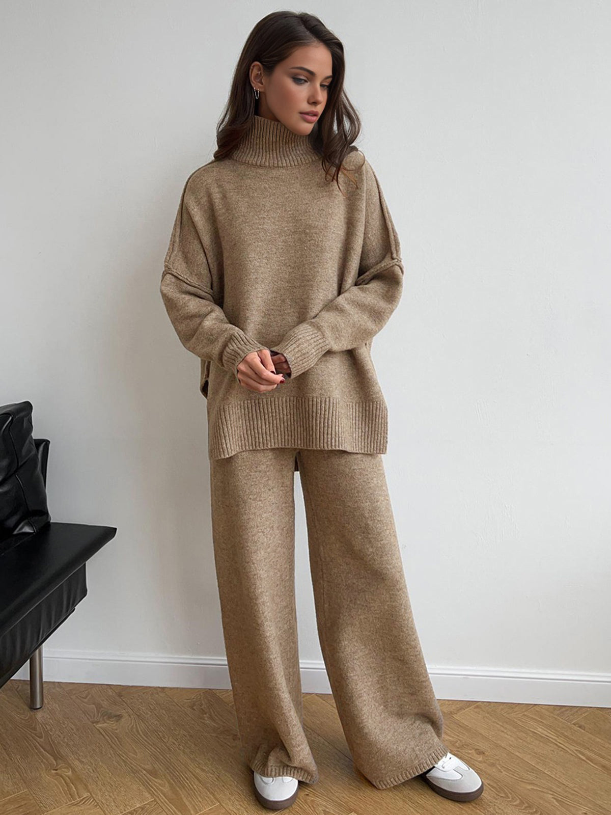 Plain Turtleneck Knit Pants Set Plain Turtleneck Knit Pants Set