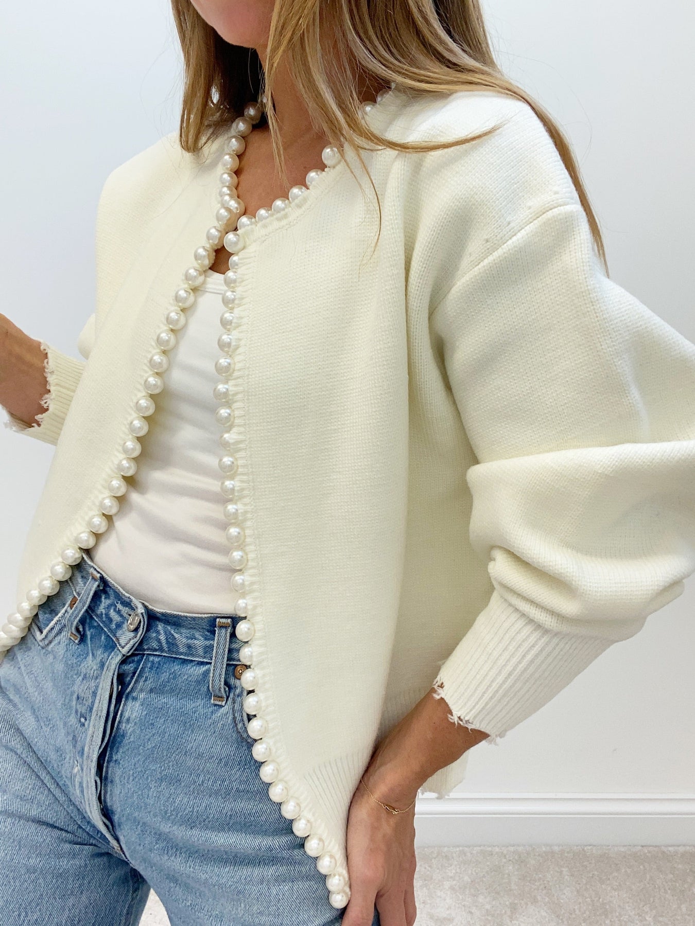 Pearl Trim Ripped Hem Cardigan Pearl Trim Ripped Hem Cardigan