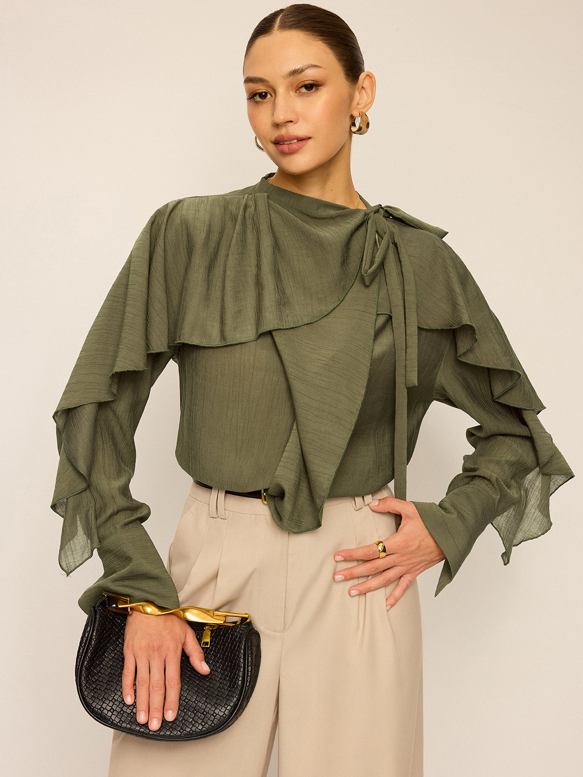 Neckline Tie Ruffled Blouse Neckline Tie Ruffled Blouse
