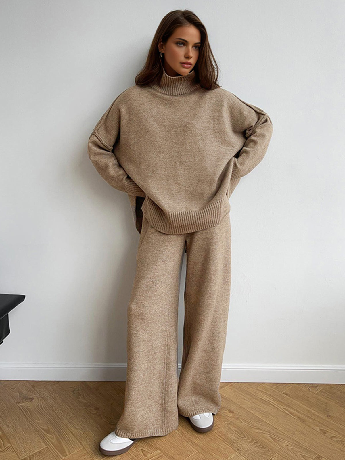 Plain Turtleneck Knit Pants Set Plain Turtleneck Knit Pants Set