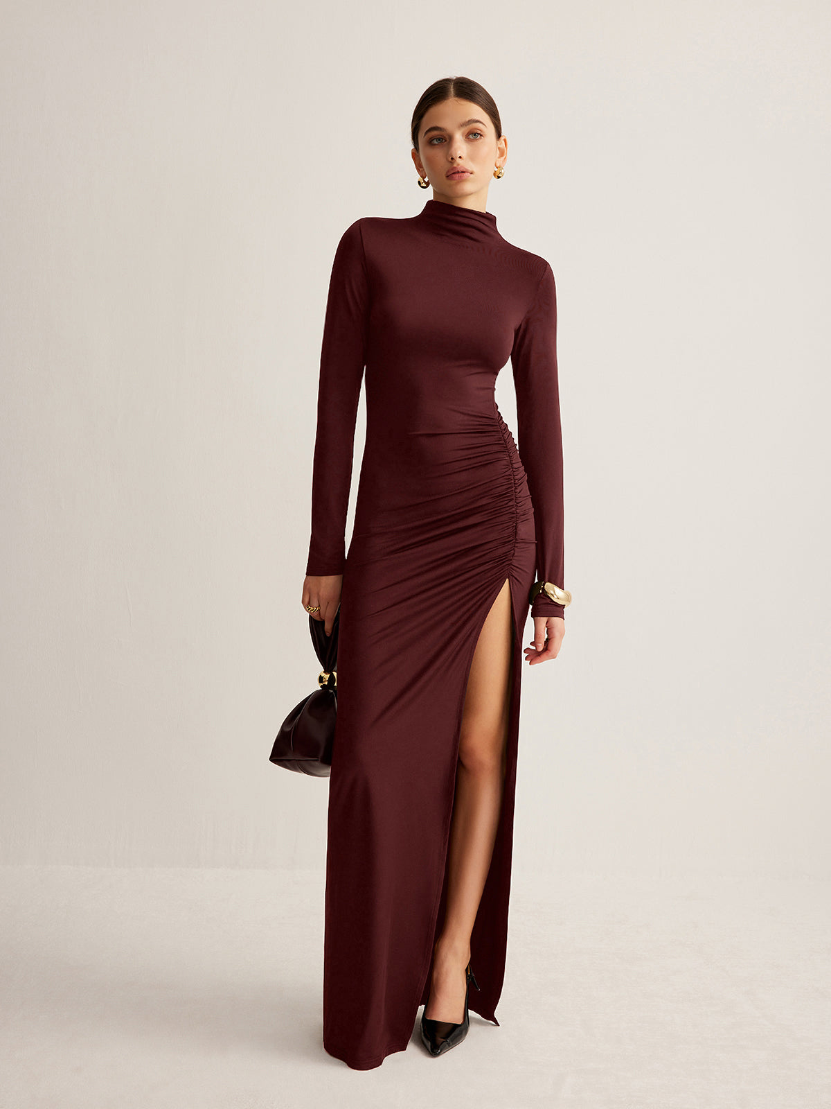 Stand-Collar Pleated Slit Jersey Dress Stand-Collar Pleated Slit Jersey Dress