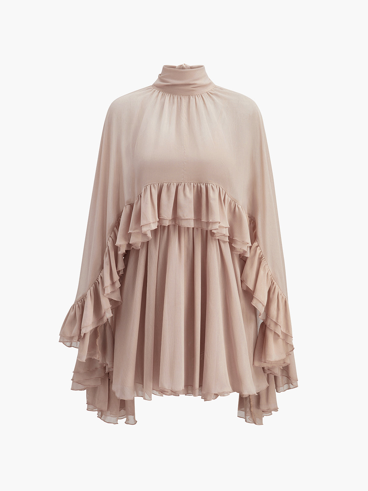 Semi-Sheer Chiffon Ruffle Dress With Outer Cape Semi-Sheer Chiffon Ruffle Dress With Outer Cape