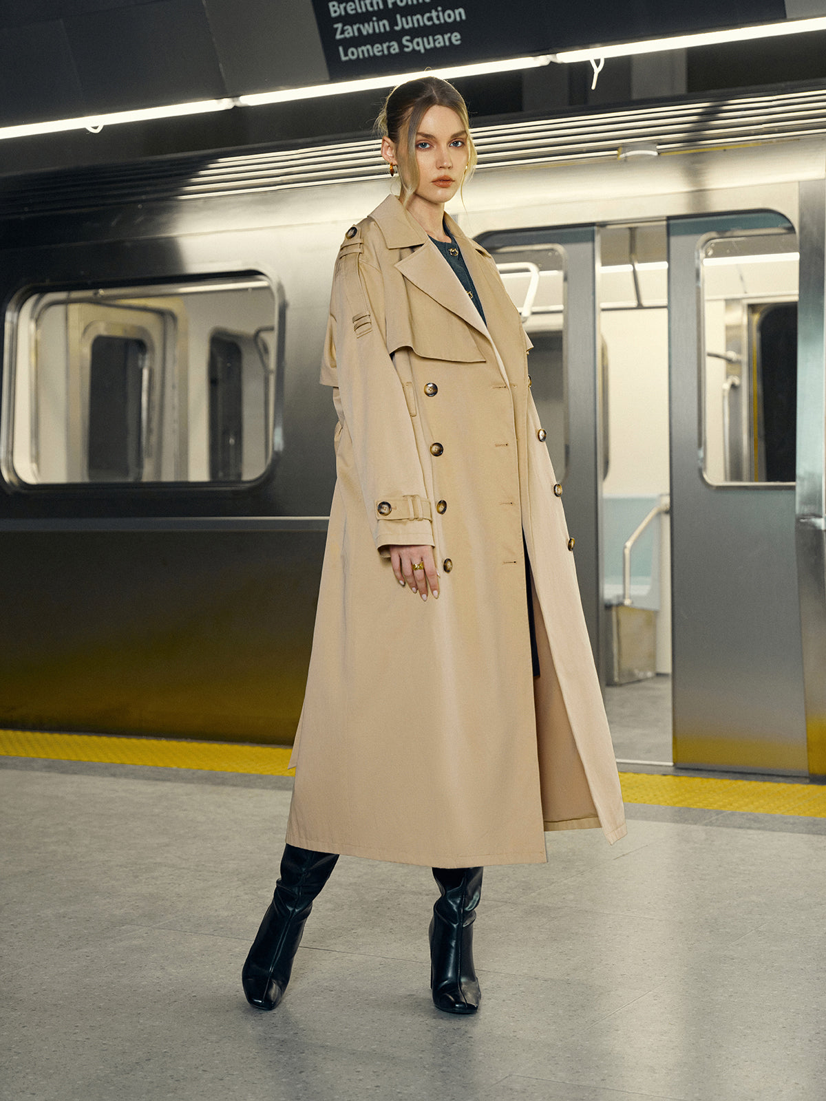 Cotton-Blend Double-Breasted Belted Long Trench Coat Cotton-Blend Double-Breasted Belted Long Trench Coat