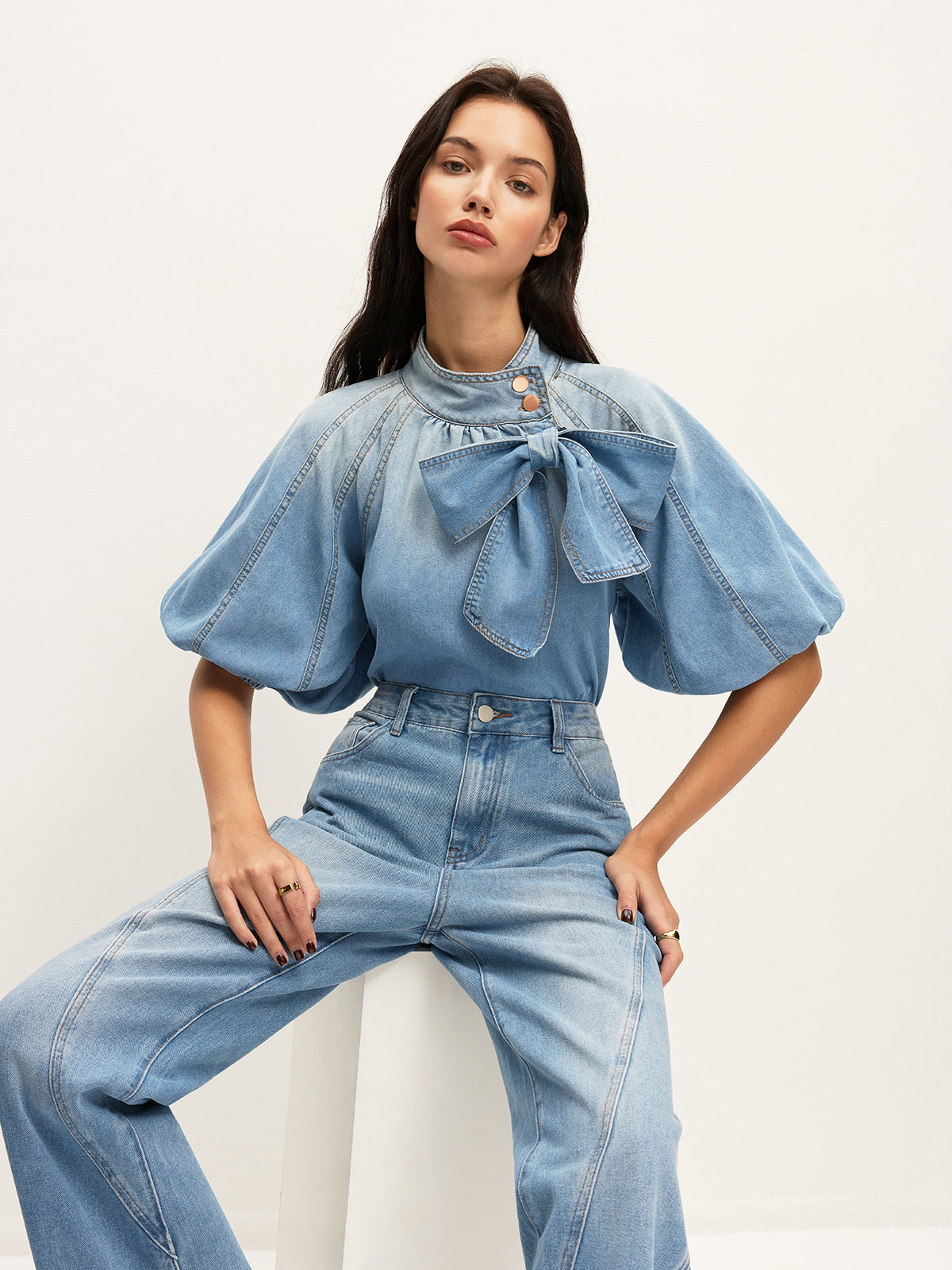 Denim Puff-Sleeve Top With Bow Detail Denim Puff-Sleeve Top With Bow Detail