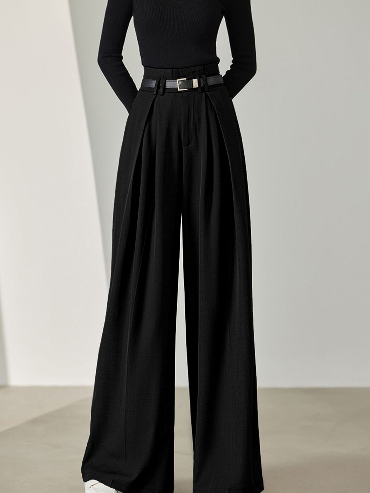 Solid Belted Pleated Wide Leg Pants Solid Belted Pleated Wide Leg Pants