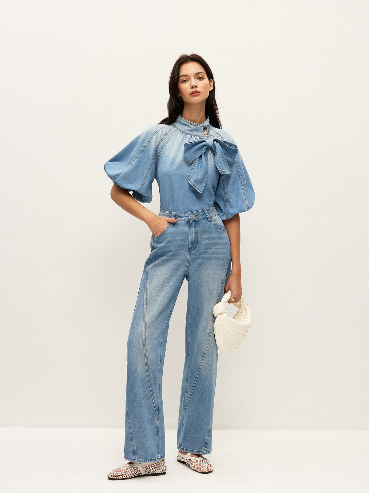 Denim Puff-Sleeve Top With Bow Detail Denim Puff-Sleeve Top With Bow Detail
