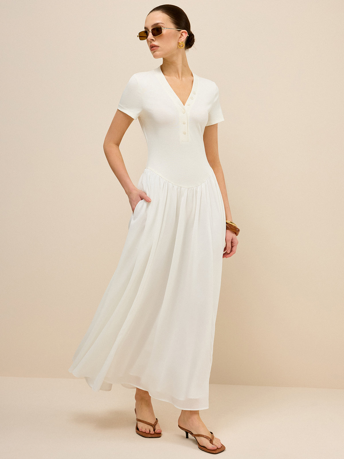 Button-Placket V-Neck Maxi Dress Button-Placket V-Neck Maxi Dress