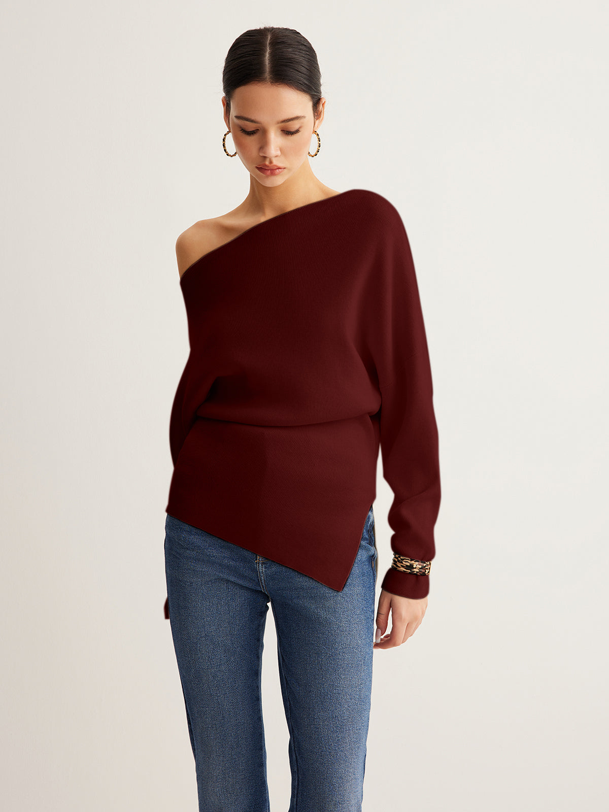 Wool-Blend Asymmetrical Neck Knit Top Wool-Blend Asymmetrical Neck Knit Top