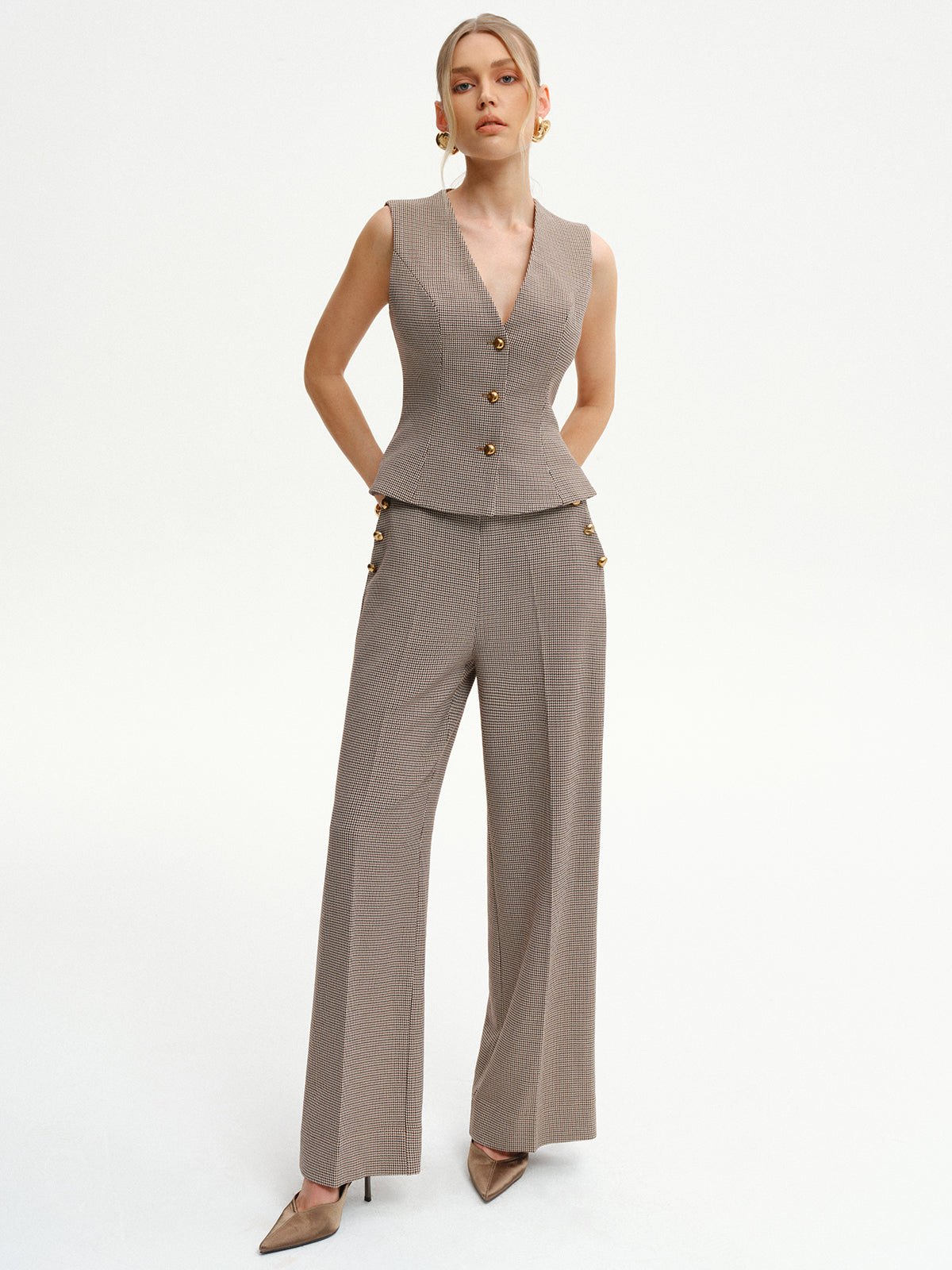 Houndstooth Metal Detail Mid-Waist Pants Houndstooth Metal Detail Mid-Waist Pants