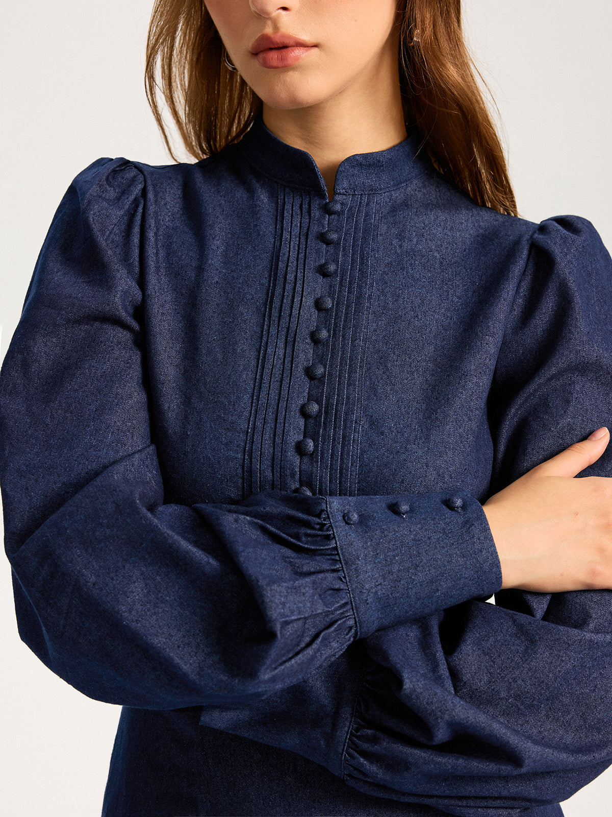 Denim Stand Collar Puff Sleeve Mini Dress Denim Stand Collar Puff Sleeve Mini Dress