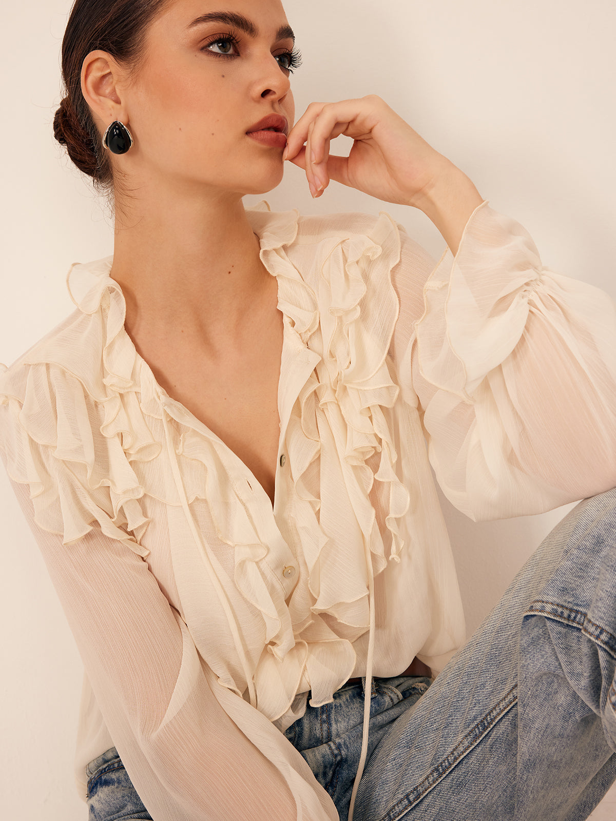 Semi-Sheer Ruffle Chiffon Breasted Blouse Semi-Sheer Ruffle Chiffon Breasted Blouse