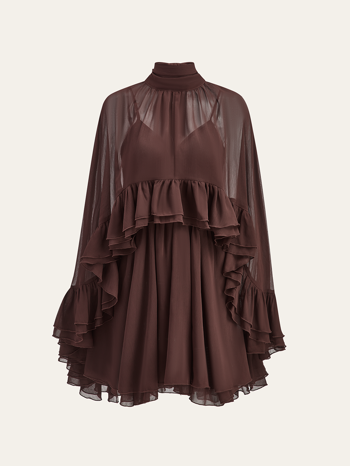 Semi-Sheer Chiffon Ruffle Dress With Outer Cape Semi-Sheer Chiffon Ruffle Dress With Outer Cape