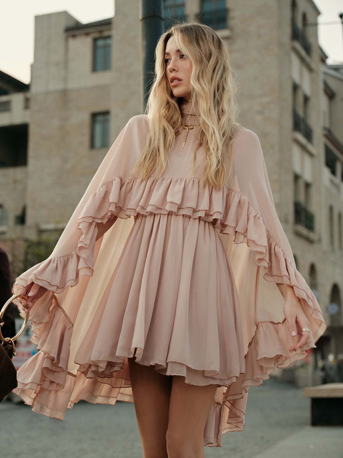 Semi-Sheer Chiffon Ruffle Dress With Outer Cape Semi-Sheer Chiffon Ruffle Dress With Outer Cape