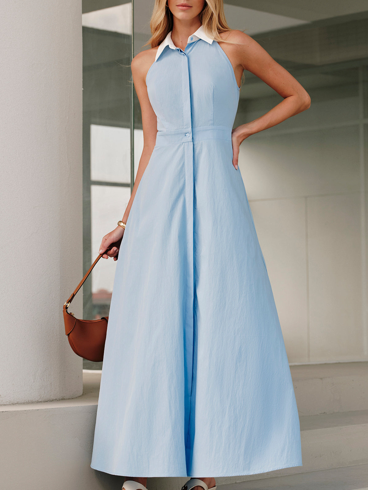 Button Sleeveless Collar Dress Button Sleeveless Collar Dress