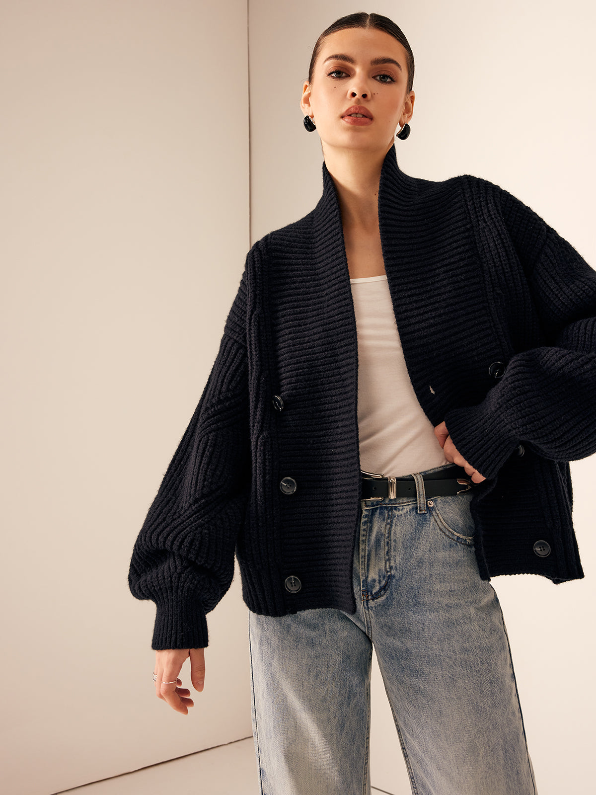 Ribbed Lapel Button Knit Outerwear Ribbed Lapel Button Knit Outerwear