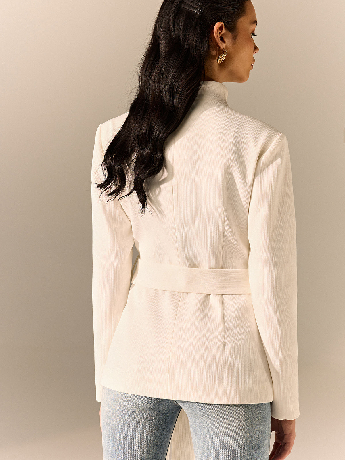 Stand Collar Belted Long Sleeve Blazer Stand Collar Belted Long Sleeve Blazer