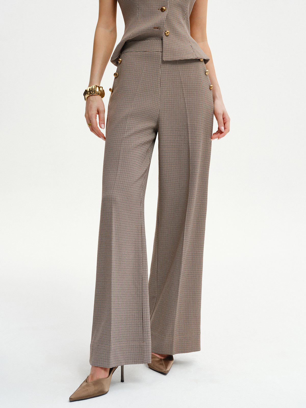 Houndstooth Metal Detail Mid-Waist Pants Houndstooth Metal Detail Mid-Waist Pants