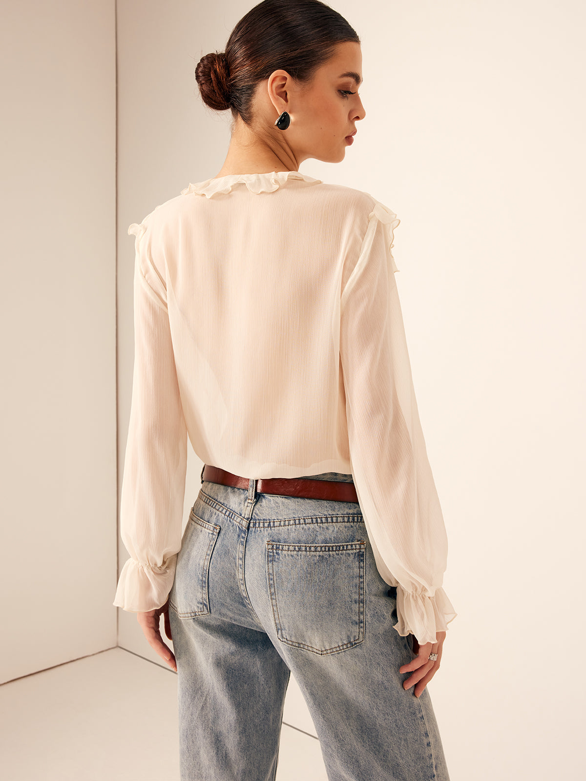 Semi-Sheer Ruffle Chiffon Breasted Blouse Semi-Sheer Ruffle Chiffon Breasted Blouse