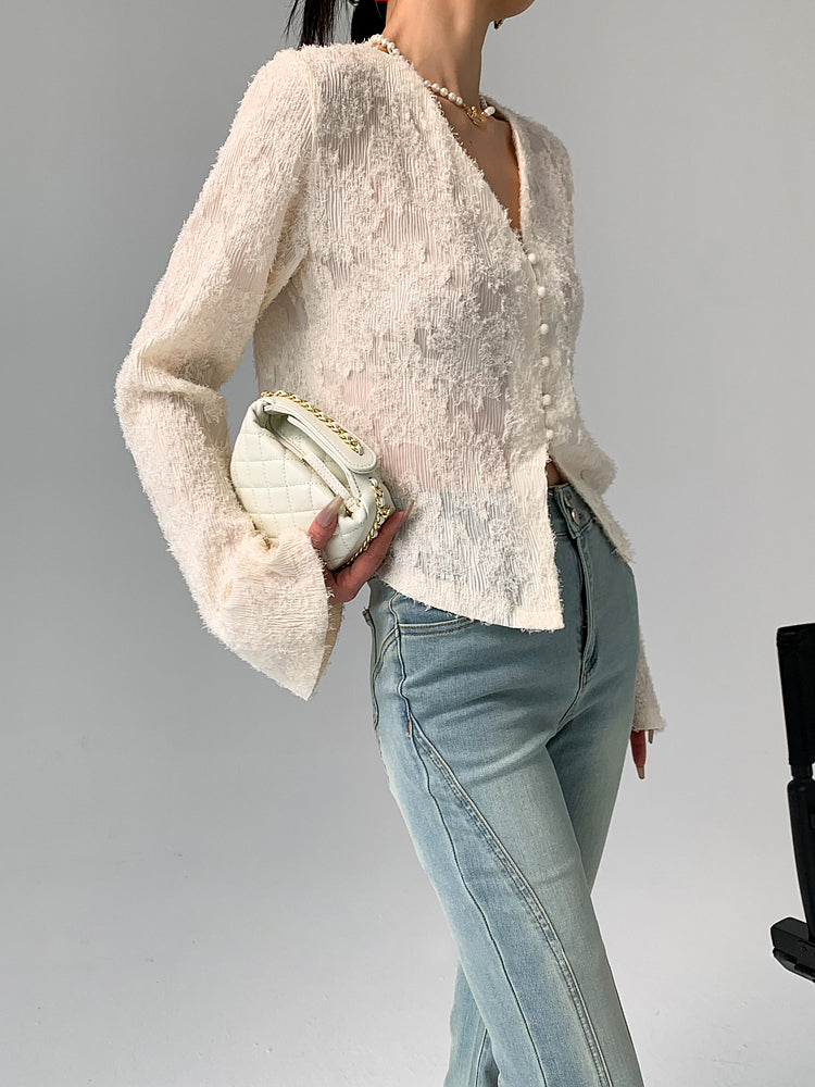Semi-Sheer V-Neck Ruffle Long Sleeve Blouse Semi-Sheer V-Neck Ruffle Long Sleeve Blouse