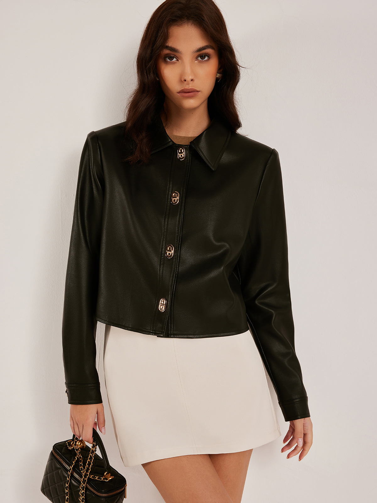 Metal-Button PU Leather Short Jacket Metal-Button PU Leather Short Jacket