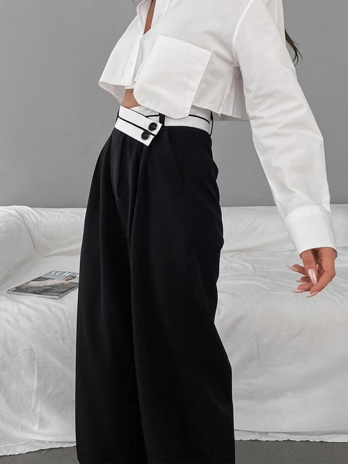 Asymmetrical Contrast Waistband Wide Leg Dress Pants Asymmetrical Contrast Waistband Wide Leg Dress Pants