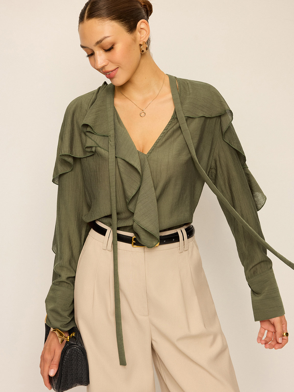 Neckline Tie Ruffled Blouse Neckline Tie Ruffled Blouse