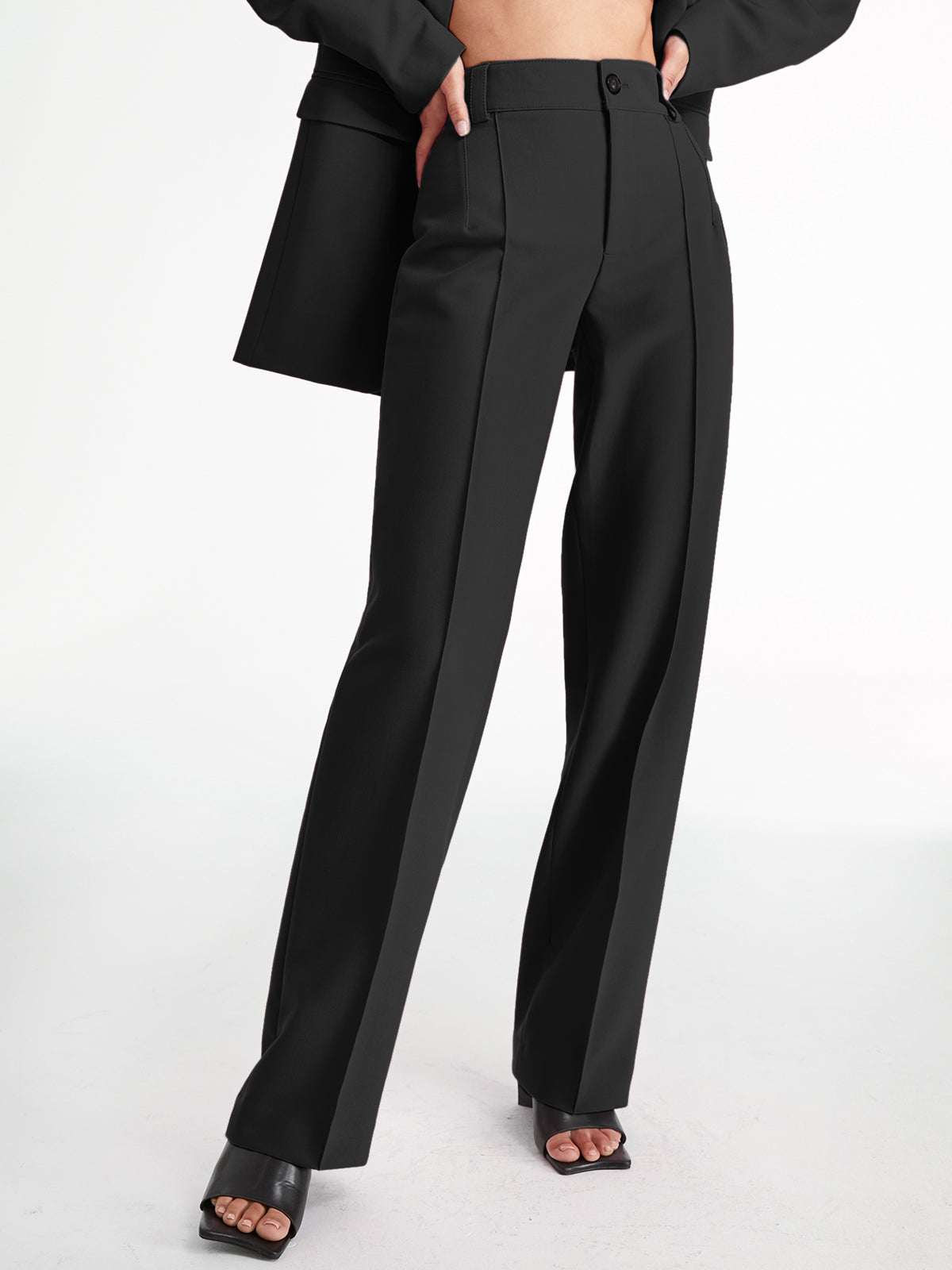 High Waisted Pleat Front Solid Colored Straight Leg Trousers High Waisted Pleat Front Solid Colored Straight Leg Trousers