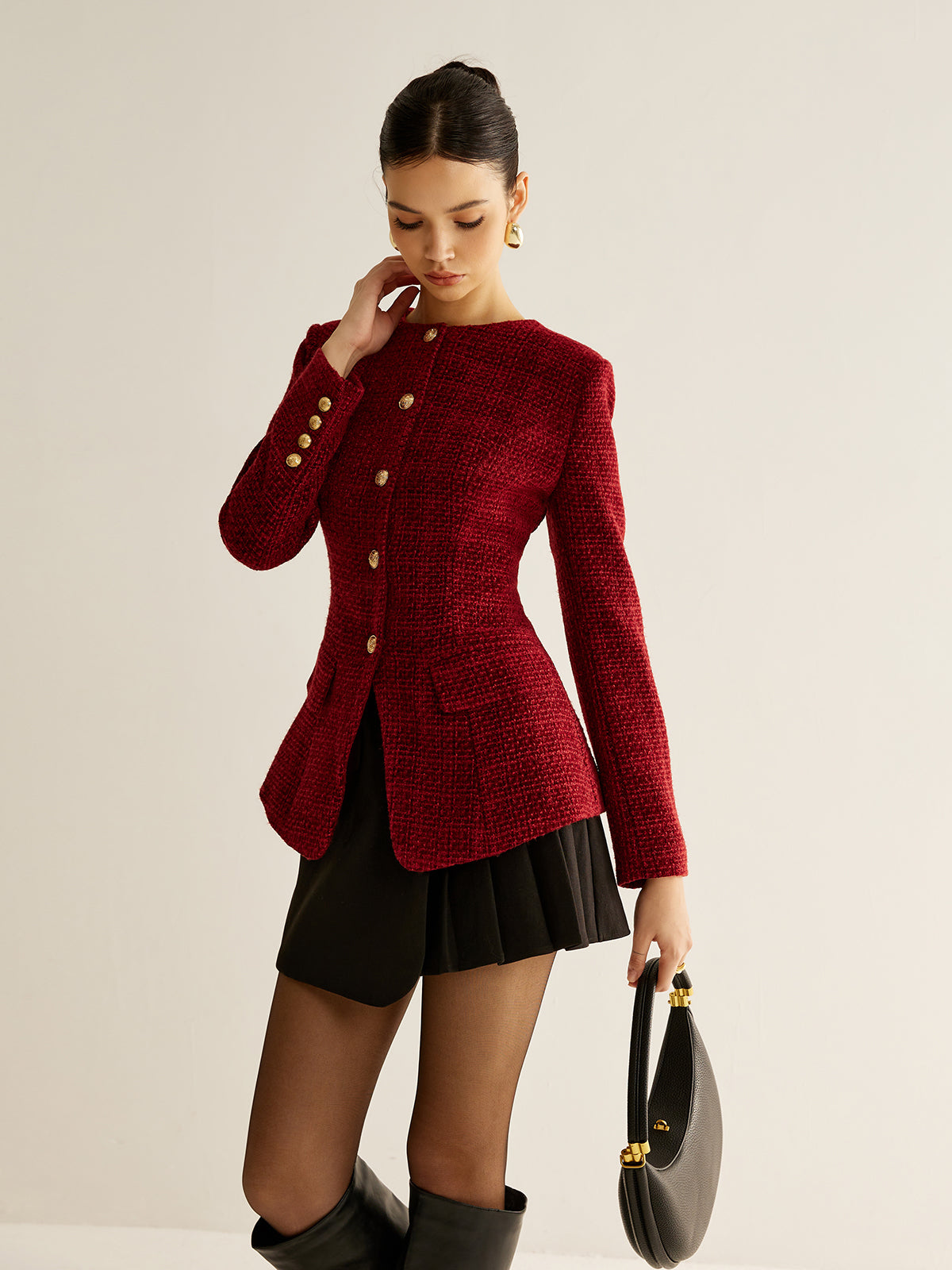 Button Down Slit Tweed Blazer Button Down Slit Tweed Blazer