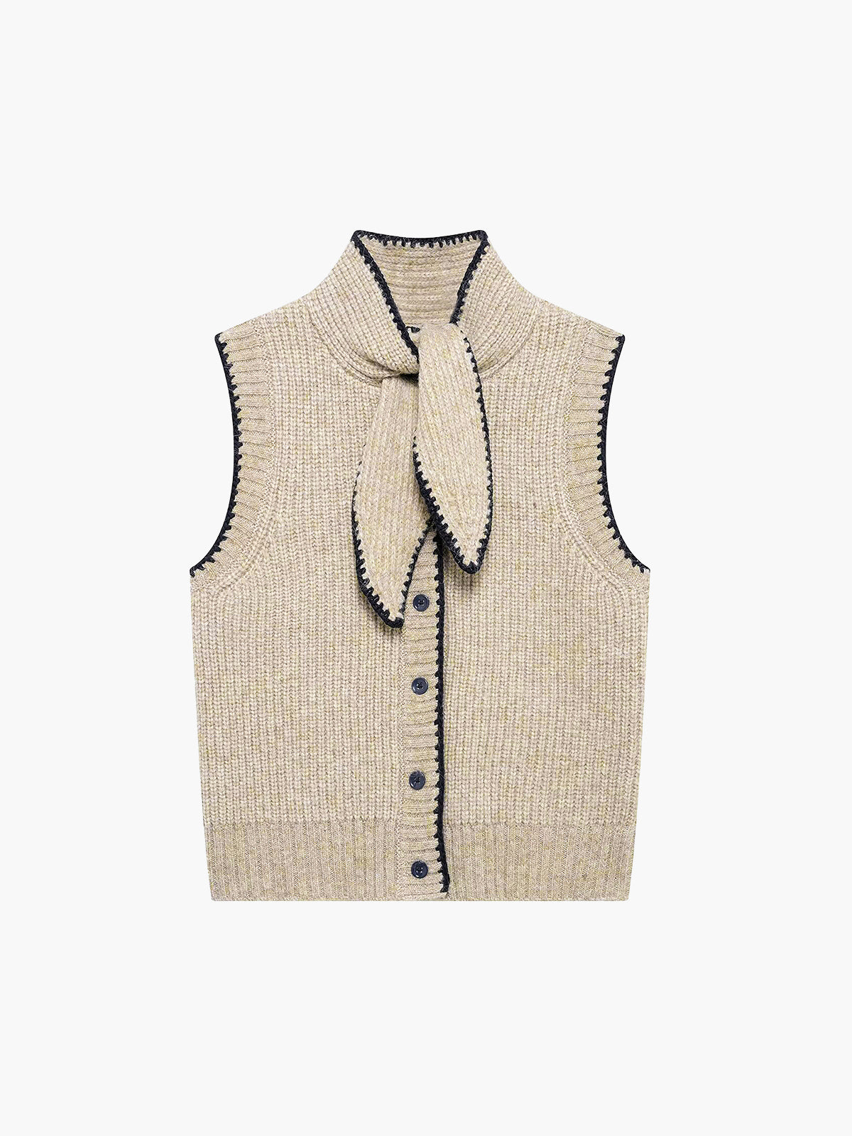 Tie Neck Contrast Trim Button Sweater Vest Tie Neck Contrast Trim Button Sweater Vest
